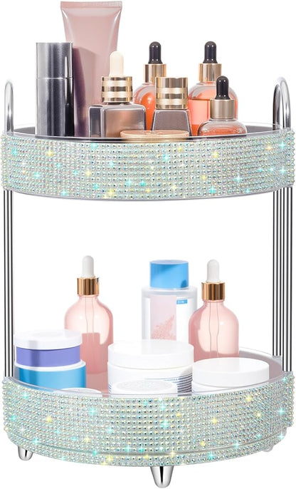 Honeydak 360 Rotating Perfume Organizer for Mother Day Nurse Day Rhinestone Bathroom Counter Organizer Makeup Holder Skincare and Perfume Storage for Cosmetic Countertop(2 Tiers,Resin Stone,Silver)