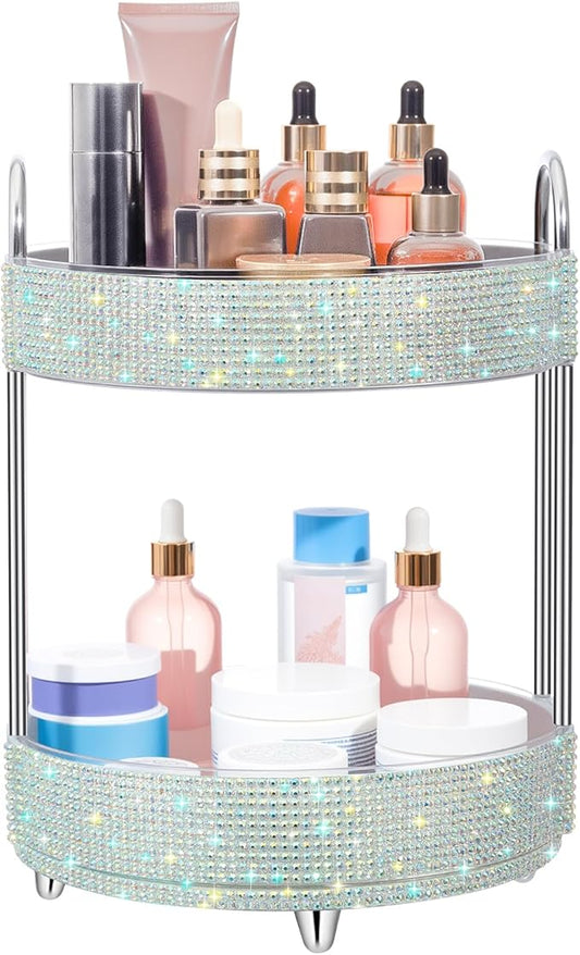 Honeydak 360 Rotating Perfume Organizer for Mother Day Nurse Day Rhinestone Bathroom Counter Organizer Makeup Holder Skincare and Perfume Storage for Cosmetic Countertop(2 Tiers,Resin Stone,Silver)