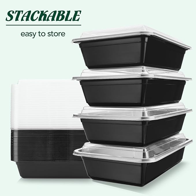 Glotoch Meal Prep Containers 32oz 50 Pack(100 Piece) with Lids, 1-compartment Plastic food storage containers Reusable, Bento boxes for portion control & takeout, Microwave/freezer/dishwasher safe