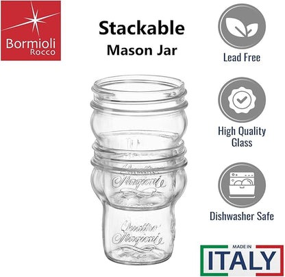 Bormioli Rocco Quattro Stagioni Stacking Jar (Set of 4) - 9.25 Oz Glass Jar - Nestable & Stackable, Wide‑Mouth for Canning, Serving & Storing - Dishwasher & Freezer‑Safe Glass Container, Made in Italy