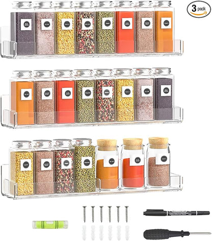 Sezanrpt 15 Inch Acrylic Spice Rack Wall Organizer Set of 3, Clear Wall Shelf for Home Organizer, Bottle Display, Jars, Spice, Wine, Books, Toiletries, 3 Pack