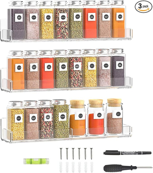 Sezanrpt 15 Inch Acrylic Spice Rack Wall Organizer Set of 3, Clear Wall Shelf for Home Organizer, Bottle Display, Jars, Spice, Wine, Books, Toiletries, 3 Pack