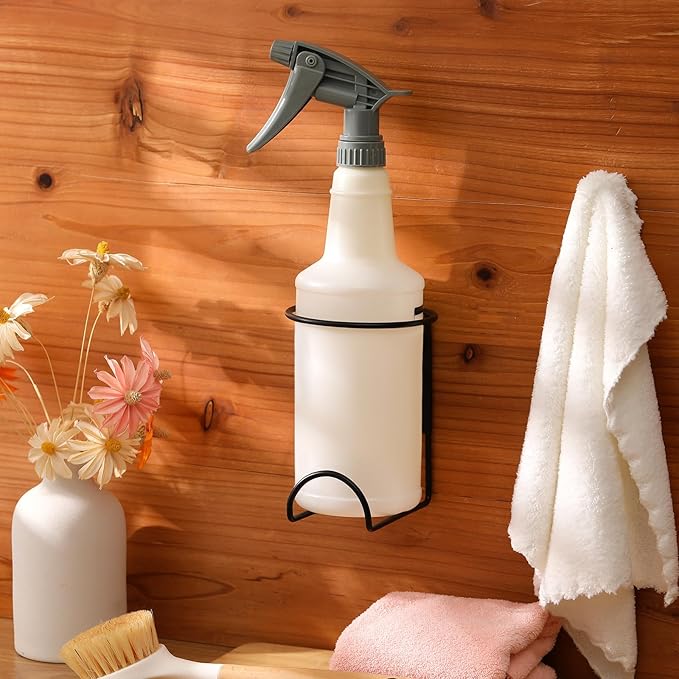 CroBlissful 4 Pcs Spray Bottle Holder Wall Mount Heavy Duty Spray Bottle Rack Stainless Steel Storage Rack Garage Can Organizer Craft with Hardware (Black)
