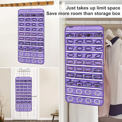 80 Zippered Pockets Hanging Jewelry Organizer for Holding Jewelries Dual-Sided Accessory Display Holder for Earrings Bracelets Rings (80 Zippered Pockets-Purple)