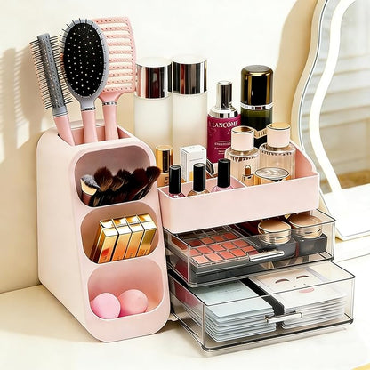 Makeup Organizer Countertop, Spacious Cosmetic Display Case with Makeup Brush Holder, Perfect Vanity Bathroom Organizer and Storage, Pink