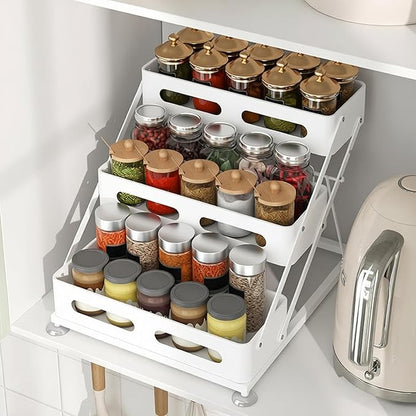 Ceetug 3 Tier Foldable Spice Rack for Countertop Iron Kitchen Seasoning Organizer for Cabinet, White