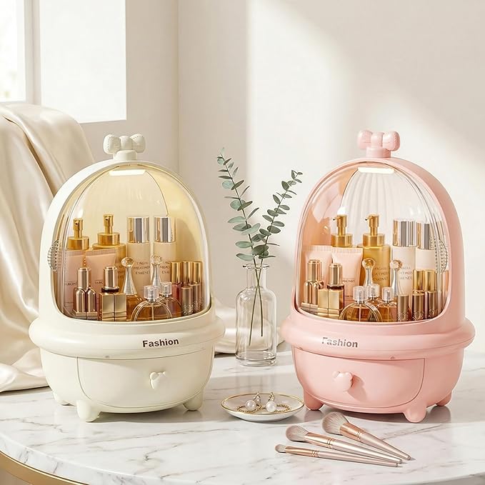 360° Rotating Cosmetic Storage Box,Cute Fashion Makeup Organizer with Drawer,Dustproof Skincare Display Case for Vanity Countertop Bathroom,Ideal Gift for Women（pink）
