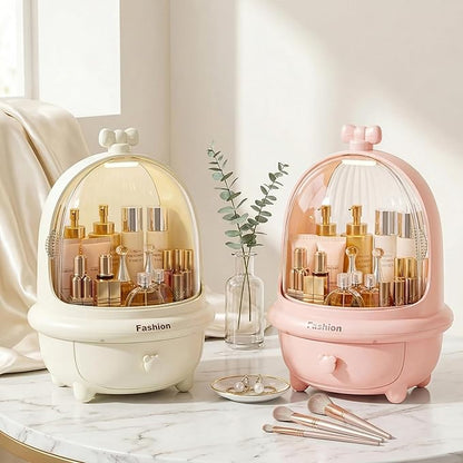 360° Rotating Cosmetic Storage Box,Cute Fashion Makeup Organizer with Drawer,Dustproof Skincare Display Case for Vanity Countertop Bathroom,Ideal Gift for Women（Cream）