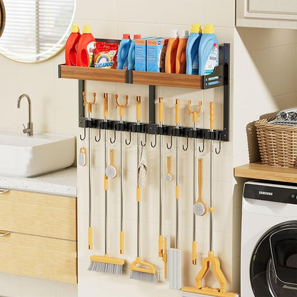 Broom and Mop Organizer Wall Hanging, Broom Holder Wall Mount with Cleaning Supplies Organizer, Broom Hanger Wall Mount with Storage Shelf and Hooks for Laundry Room Garage Kitchen (2 pcs)