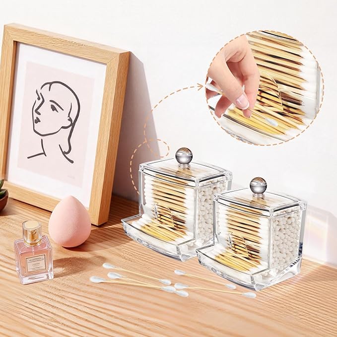 SheeChung 10Oz Acrylic Qtip Holder Dispenser for Cotton Swabs, Clear Plastic Containers Apothecary Jars with Lid, Bathroom Accessories, Vanity Organizers and Storage, Home Essentials Decor-Clear, 2Pcs