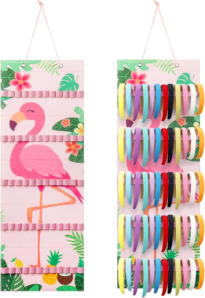 Tudomro Hanging Headband Holder for Girls Felt Hair Accessories Organizer with 60 Elastic Bands Bow Hanger for Girls Hair Bows Without Headbands(Fresh Color,Flamingo)