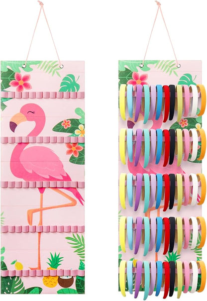 Tudomro Hanging Headband Holder for Girls Felt Hair Accessories Organizer with 60 Elastic Bands Bow Hanger for Girls Hair Bows Without Headbands(Fresh Color,Flamingo)