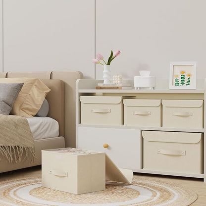 Fabric Storage Bins Cube Organizers with Flip-Top Lid and Handles,Storage Boxes for Organizing Home,Office,and Closet,Beige,3 Pack 13X9.1X7.9 in