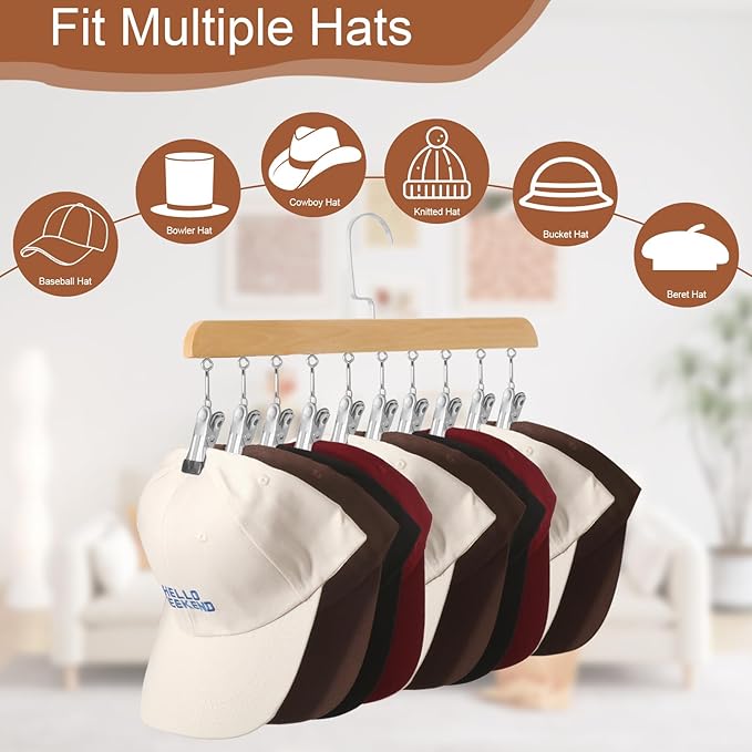Hat Hangers for Closet, Hat Organizer for Baseball Caps, 2 Pack Hat Rack with 10 Traceless Clips Fits All Caps & Pants, 360° Swivel Big Hook Closet Organizer and Storage (Natural Wood Color)