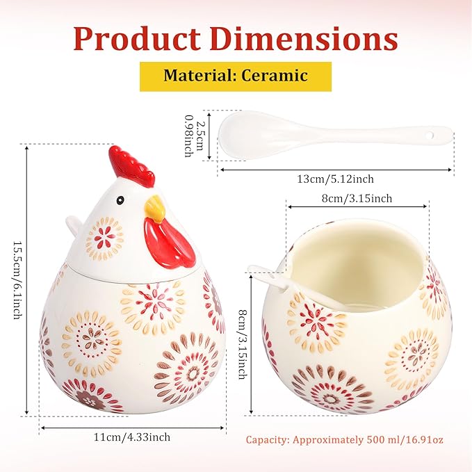Ceramic Salt Cellar with Lid and Spoon,17oz Large Chicken Rooster Cookie Jar Salt Containers Holder for Countertop Spices,Cute Farmhouse Kitchen Decor,Spice Jar for Coffee,Sugar,Spices,Candies (#C)
