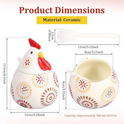 Ceramic Salt Cellar with Lid and Spoon,17oz Large Chicken Rooster Cookie Jar Salt Containers Holder for Countertop Spices,Cute Farmhouse Kitchen Decor,Spice Jar for Coffee,Sugar,Spices,Candies (#C)