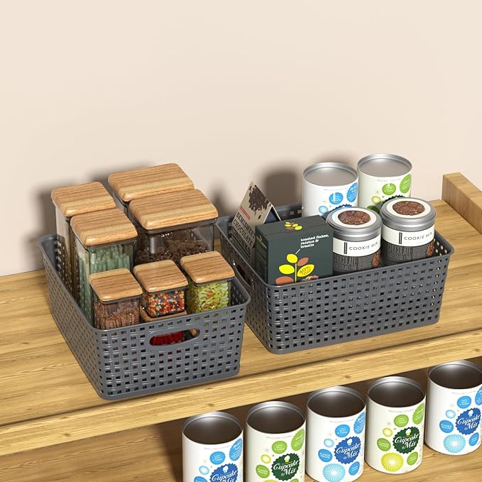 Set of 4 Plastic Woven Storage Baskets, 11.41" x 8.86" x 4.6", Pantry Kitchen Organizer Bins, Gray