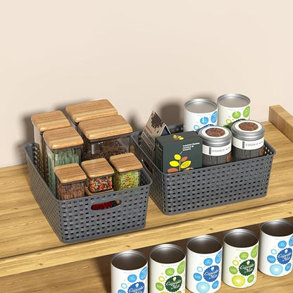 Set of 4 Plastic Woven Storage Baskets, 11.41" x 8.86" x 4.6", Pantry Kitchen Organizer Bins, Gray