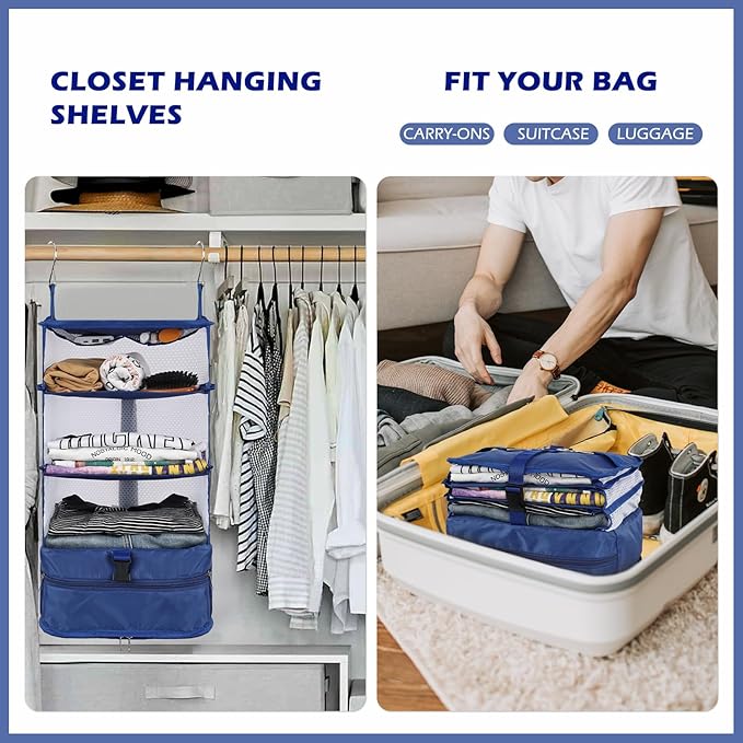 Surblue Hanging 3-Shelf Closet Organizer Pocket Collapsible Washable Oxford Fabric with 2 Hooks (L 11.41 * 11.41 * 19.68in, Blue)