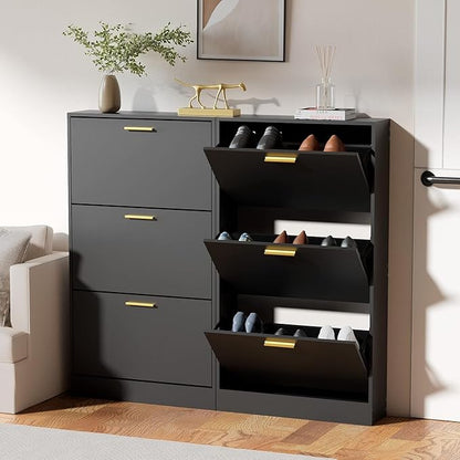 JOZZBY Shoe Cabinet Storage with 3 Flip Drawers for Entryway, Black Slim Freestanding Modern Narrow Shoe Organizer Rack Cabinet for Hallway, Living Room