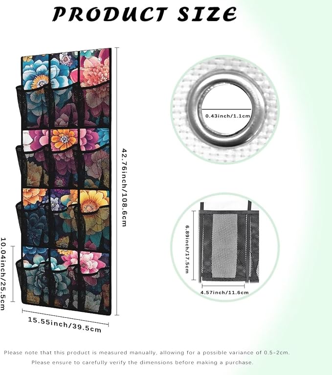 Bohemian Over the Door Organizer with 12 Mesh Pockets - Breathable Design for Bath Towels, Toiletries, Makeup (Waterproof Lining)