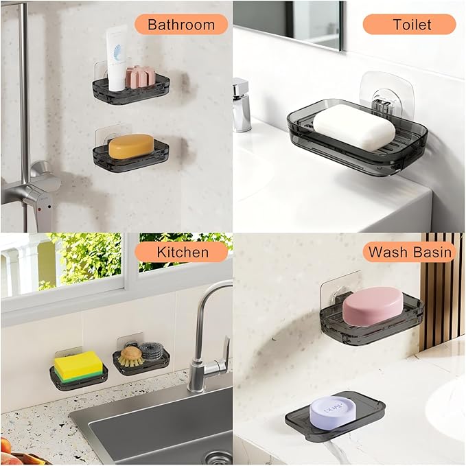 Soap Dish for Shower Transparent Gray Soap Holder with Self-Draining Design No Drilling Required Strong Fixation for RV Bathroom and Kitchen Easy to Clean and Space Saving（1 Pack）
