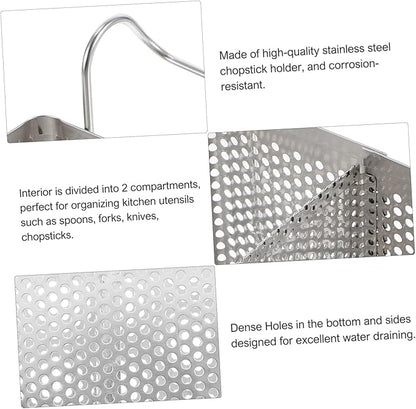 Cabilock Stainless Steel Chopsticks Holder - Hanging Utensil Drainer with Hooks Double Compartment Cutlery Organizer for Kitchen Sink