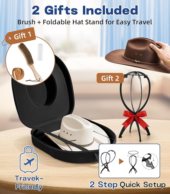 Hat Box for Cowboy Travel Extra Large, Waterproof Hard Hat Travel Case Storage Can for Fedora Panama Tweed Cap Hat Holder Organizer Carrier with Adjustable Carry Strap, Mens Western Gift, Large Black