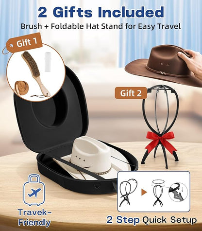Hat Box for Cowboy Travel Extra Large, Waterproof Hard Hat Travel Case Storage Can for Fedora Panama Tweed Cap Hat Holder Organizer Carrier with Adjustable Carry Strap, Mens Western Gift, Large Black