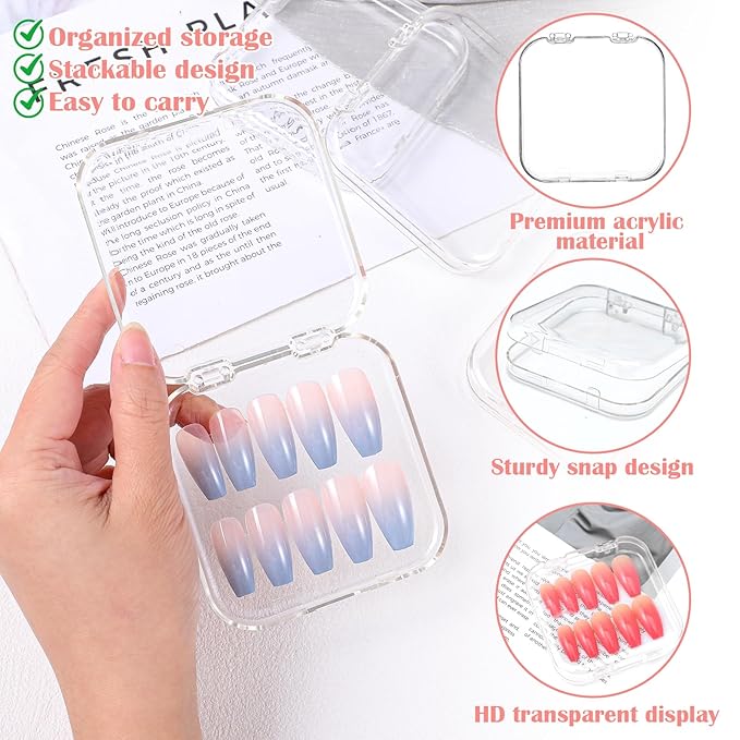 48 Pack Press On Nail Storage Box Clear Acrylic Nail Organizer Display Case with 180 Adhesive Double Sided Tape for Fake Nails, Nails Packaging Supplies