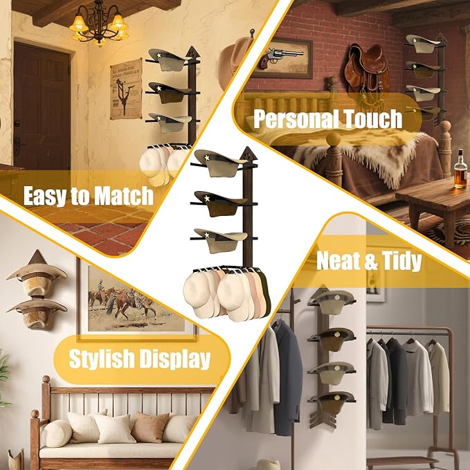 1 Pack Cowboy Hat Rack for Wall – Rustic Cowboy Hat Holder with Arrow Design and 4-Tier Hooks Western Decor Hat Storage– Vintage Cowboy Hanger for Wall