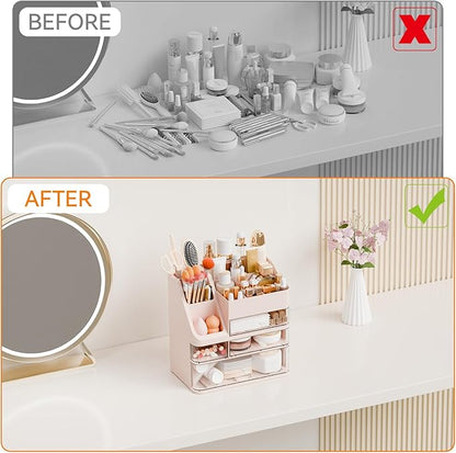 Yieach Pink Makeup Organizer Countertop With 4 Drawers,Large Cosmetics Storage Organizer for Brush,Hair Products,Plastic Makeup Holders and Beauty Skincare Organizers for Bathroom,Vanity,Dresser Top