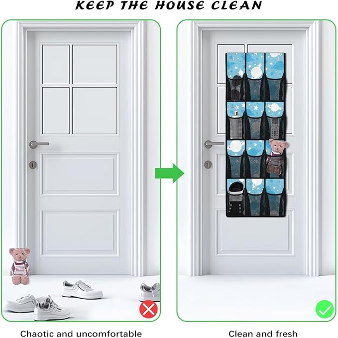 12-Pocket Storage Hanging Bag for Doors, Oxford Material, Waterproof Scratch-Proof and Designed for Organizing Household Items, Blue White Planets
