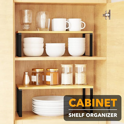 SpaceAid Cabinet Shelf Organizers 8 Pack, Kitchen Counter Rack Shelves Riser, Stackable Expandable Spice Rack, Pantry Cupboard Storage Organization (Black and Natural, Long)