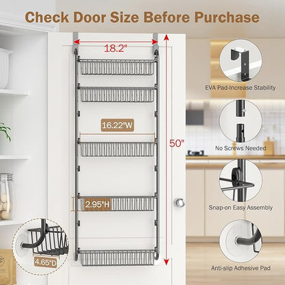 Delamu Over The Door Pantry Organizer, 5-Tier Pantry Door Organizers and Storage with Adjustable Basket, Metal Hanging Spice Rack, Seasoning Organizer, Door Organizer for Home Kitchen Bathroom, Black