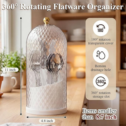 2 Pack 360° Rotating Silverware Organizer, Utensil Holder with Lid for Kitchen Counter Silverware Caddy with Drainage Dustproof Flatware Holder for Cutlery Spoon Fork(Diamond White,3 Slot)