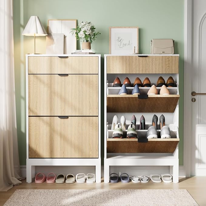 IDEALHOUSE Shoe Storage Cabinet with 2 Flip Drawers, Farmhouse Fluted Shoe Organizer with Metal Legs, Freestanding Hidden Slim Narrow Shoe Rack for Entryway, Foyer, Hallway