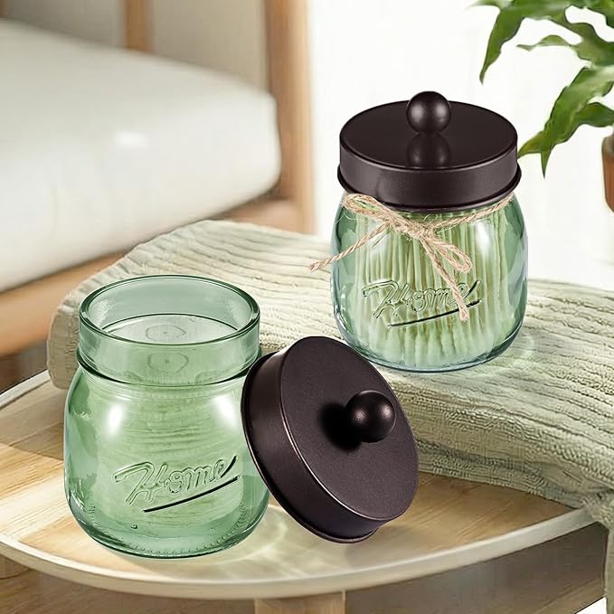 SheeChung Green Glass Qtip Holder Dispenser, Mason Jar Apothecary Jars with Lids, Bathroom Organizers and Storage, Vanity Countertop Canisters Set for Cotton Swab, Ball, Pad, Floss Pick-Bronze, 2 Pack