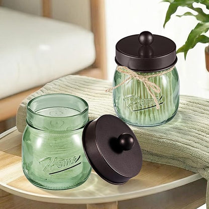 SheeChung Green Glass Qtip Holder Dispenser, Mason Jar Apothecary Jars with Lids, Bathroom Organizers and Storage, Vanity Countertop Canisters Set for Cotton Swab, Ball, Pad, Floss Pick-Bronze, 3 Pack