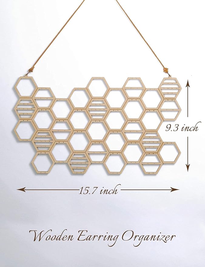 Heesch Hanging Earring Holder Honeycomb Earring Organizer Wall Mount Earring Display Wood Hanging Jewelry Organizer for Stud Earrings, Necklaces (Beech Wood Color)