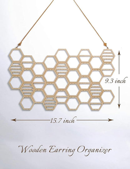 Heesch Hanging Earring Holder Honeycomb Earring Organizer Wall Mount Earring Display Wood Hanging Jewelry Organizer for Stud Earrings, Necklaces (Beech Wood Color)