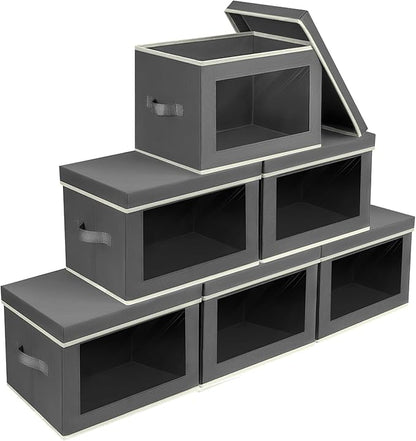 Homsorout Stackable Storage Bins with Lids - Large Storage Box with Lids, Foldable Closet Boxes for Organizing, Wardrobe Clothes Organizer with Window, Cubes Bins for Living Room, 6 Pack, Dark Grey