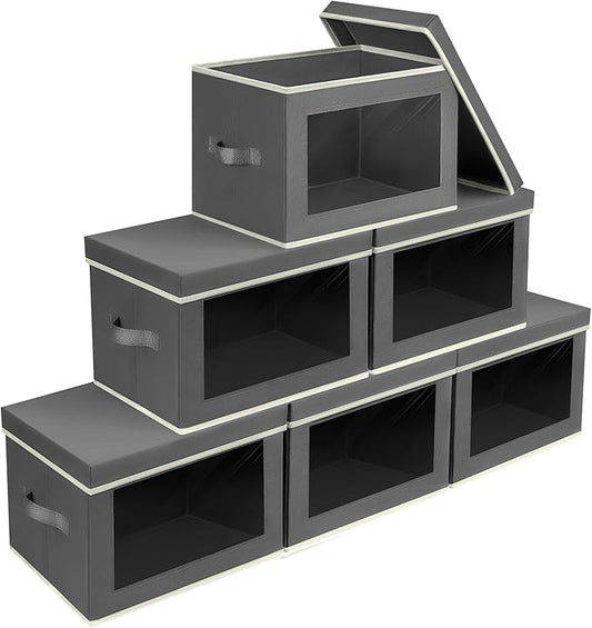 Homsorout Stackable Storage Bins with Lids - Large Storage Box with Lids, Foldable Closet Boxes for Organizing, Wardrobe Clothes Organizer with Window, Cubes Bins for Living Room, 6 Pack, Dark Grey