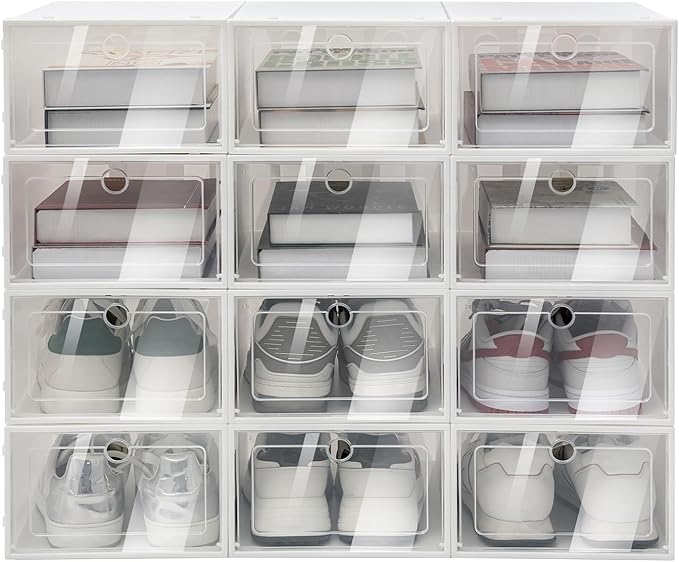 24-Pack Clear Plastic Shoe Boxes with Lids, Sturdy Stackable Shoe Boxes for Closet, Collapsible Space-Saving Shoe Rack for Sneakers & Boots, Plastic Shoe Cabinet Box Set with Handles