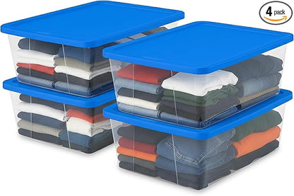 HOMZ 4-Pack Snaplock, Small Clear Plastic Storage Organizer Bins w/Lids, 12 Quart, Blue - Stackable Container Boxes for Bedroom, Bathroom, Garage, and Office Organization