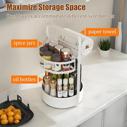 JEESA Rotating Spice Rack with Paper Towel Holder, 2 Tier Lazy Susan for Spices, Sturdy Iron Seasoning Organizer for Kitchen Countertop, White