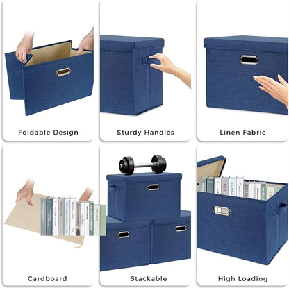 SNWDN 3 Pack Collapsible Fabric Storage Bins with Lids Fabric storage box with lids for Household and office use (Dark Blue 14.6x10.6x10.2 inches)