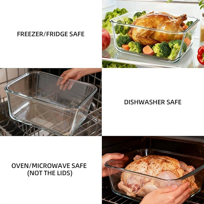 Large Glass Storage Containers with Lids 220oz/6500ml - Borosilicate Extra Large Glass Food Storage Containers for Rotisserie Chicken, Turkey - XL Big Glass Bowl Airtight Freezer to Oven Safe