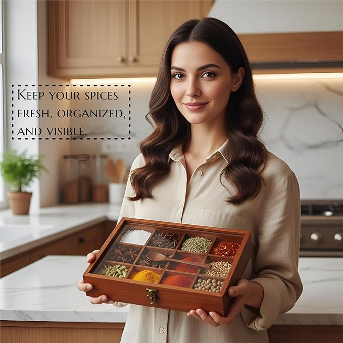 Wooden Spice Box, Masala Container, Condiments Storage Case for Kitchen, Multipurpose Decorative Box - Indian Rosewood Crafted