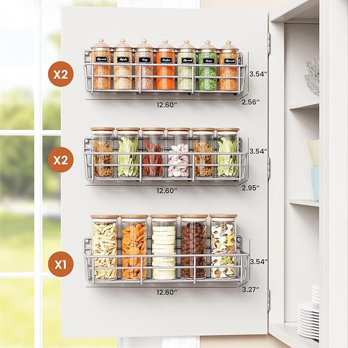 Mystozer 5 Pack Spice Rack Seasoning Organizer Wall Mount, Screw or Adhesive Hanging Shelf Basket Spice Organizer Pantry Organizers Shelf for Kitchen Spice Organization for Cabinet (Silver)